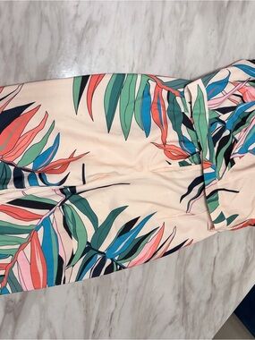 Fashion Nova Strapless Tropical Leaf Dress in Cream, Coral & Teal